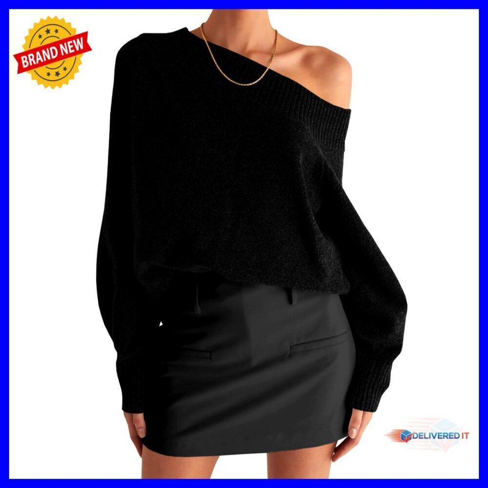 Off Shoulder Boat Neck Pullover Sweater Long Sleeve Loose Knit Top